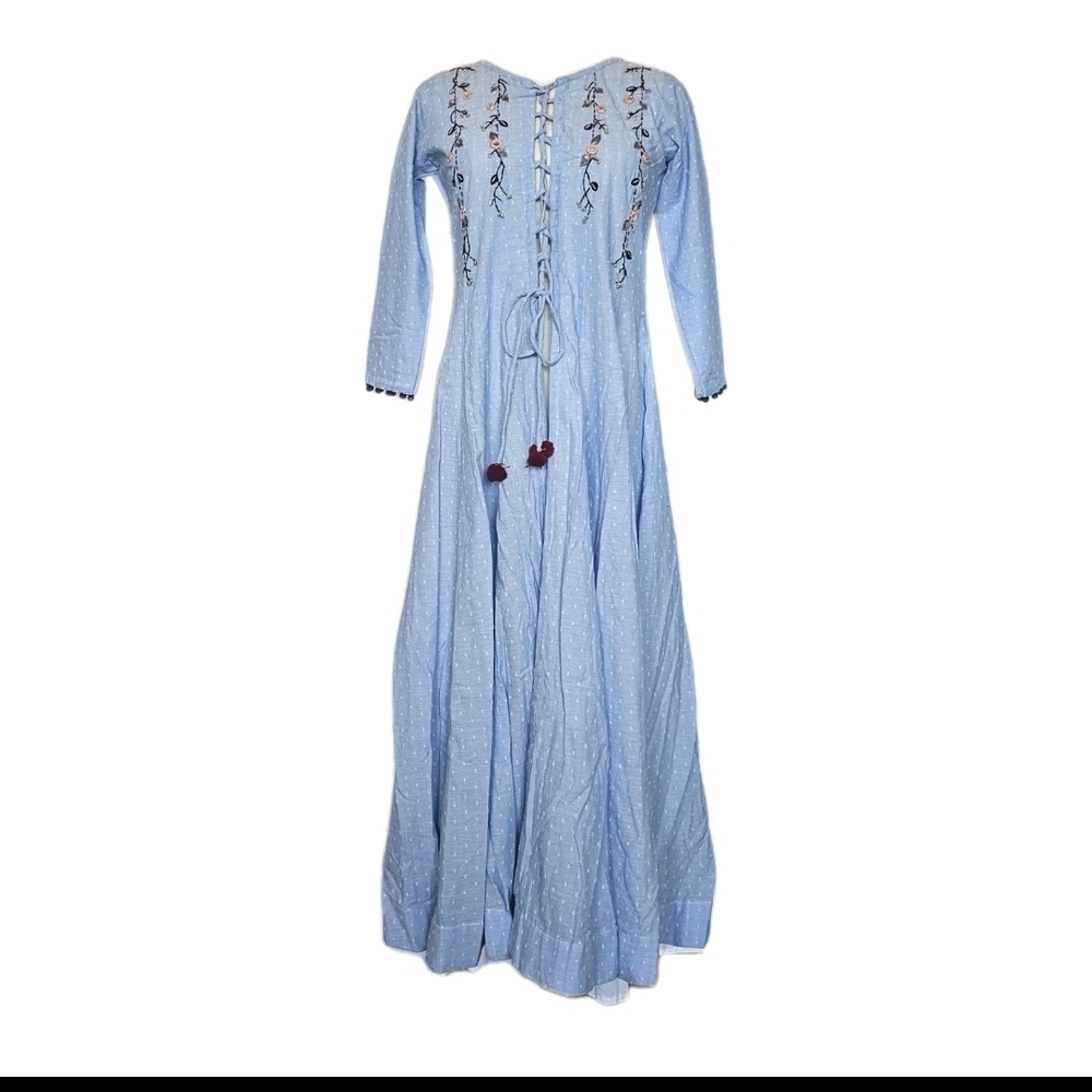 Keeba Light Blue Tunic embroidered Boho Peasant fit and flare tunic dress, M